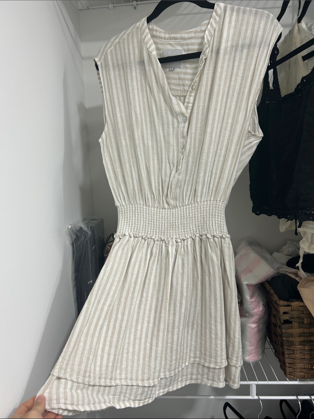 Rails Beige and White Striped Smocked-Waist Mini Dress